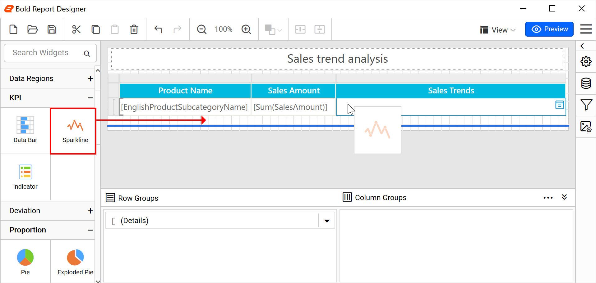 Drag sparkline into table cell